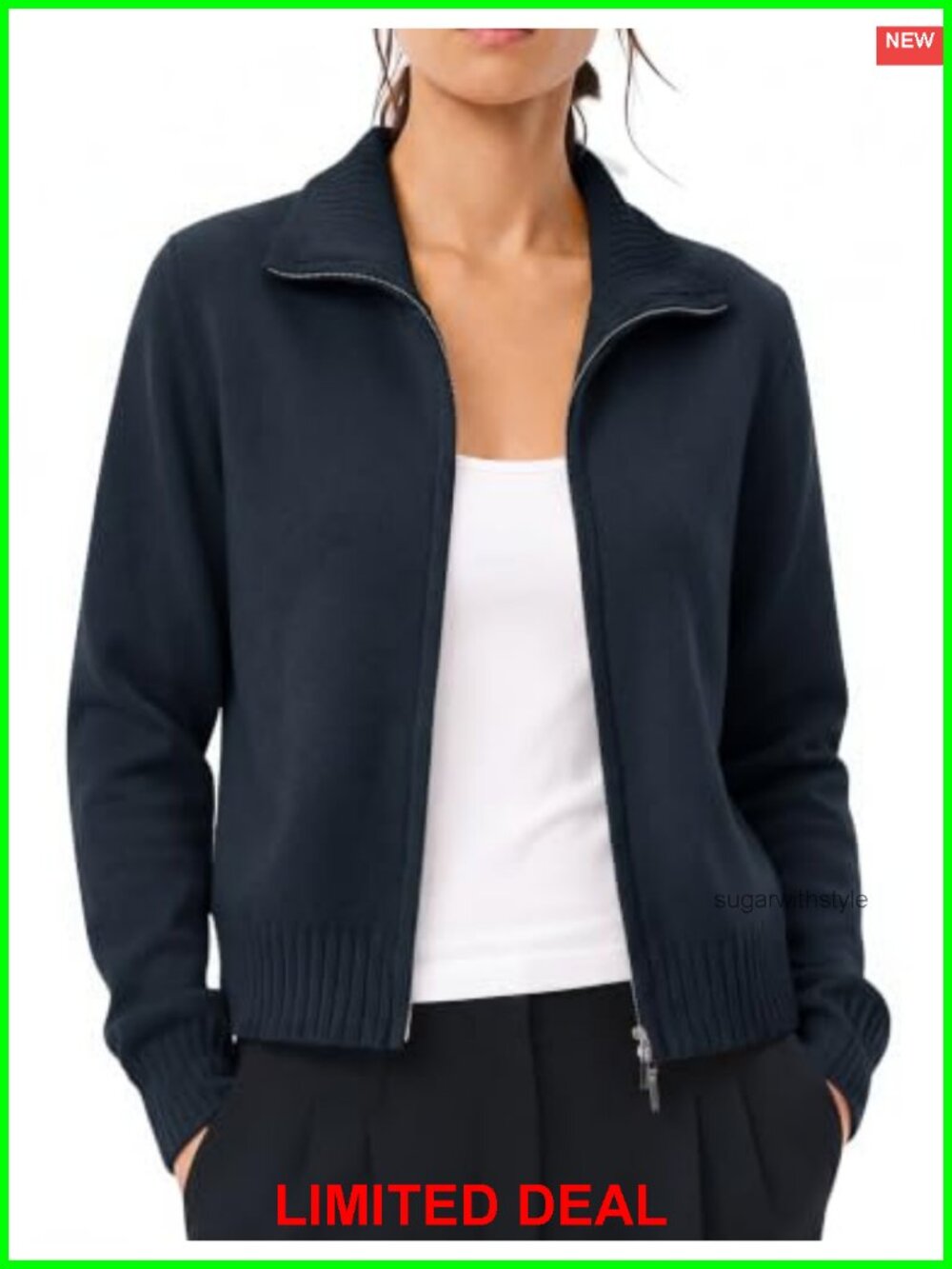Zip Up Cropped Cardigan Sweater Women Cotton Blend Ribbed Knit Jacket